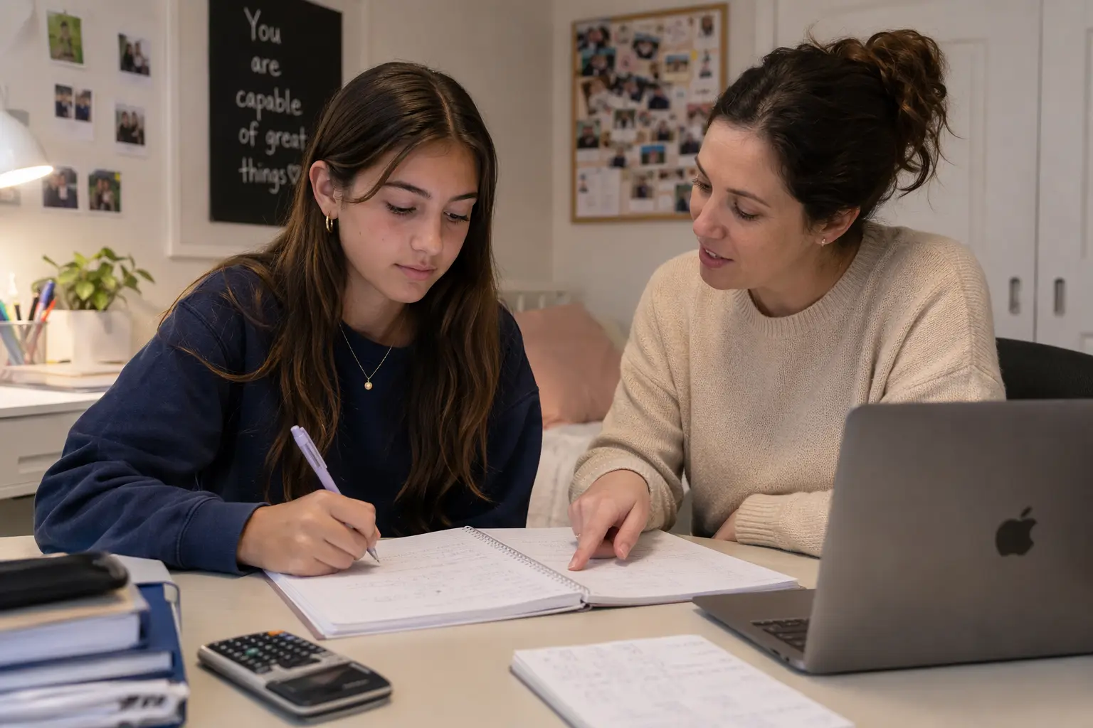 Tutor supporting a student with their studies at home