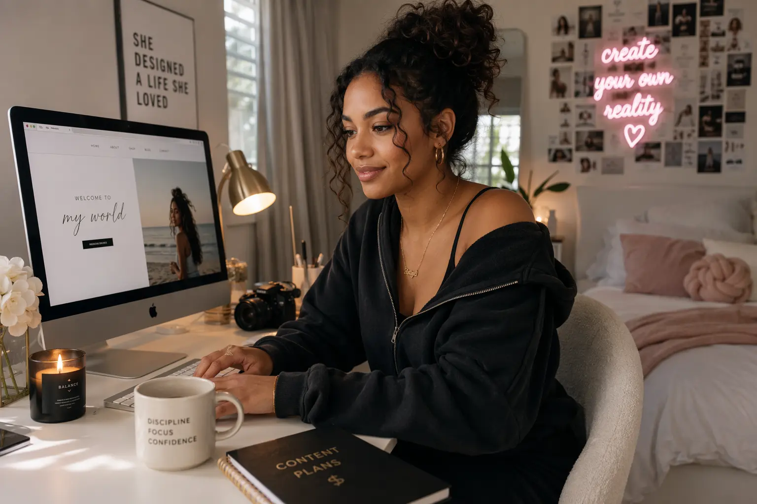 Create an image of a mixed race influencer, working on her bedroom computer working on her website.