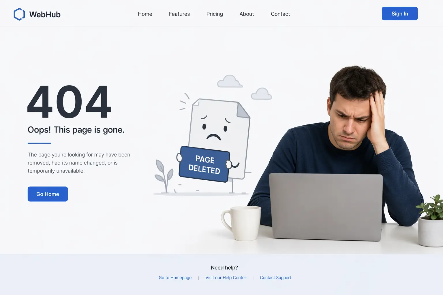 create an image of a deleted or 404 website page with a frustrated user