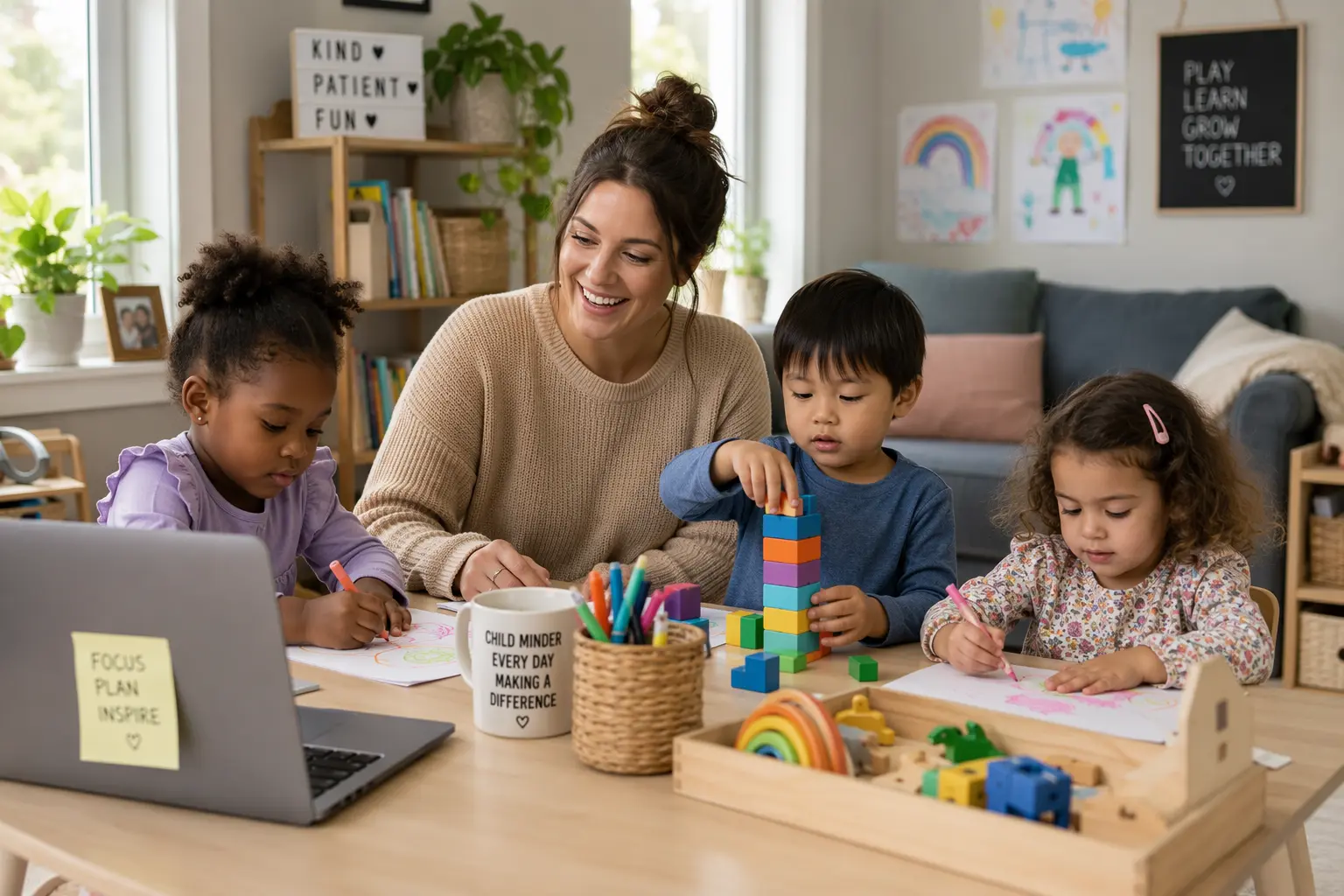 Create an image of a female child minder working from home with three children of differing ethnicities