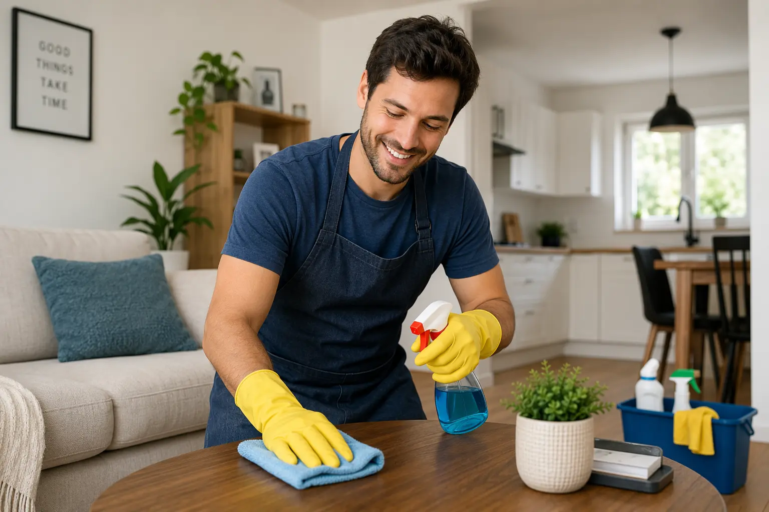 Create an image of a man cleaning a house. He looks happy