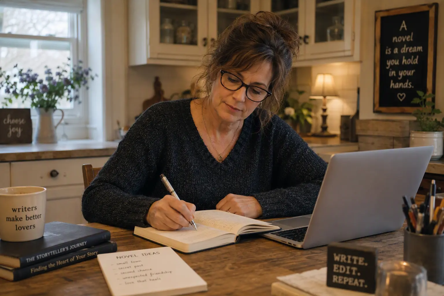 A middle-aged woman sitting at her kitchen desk writing her new novel